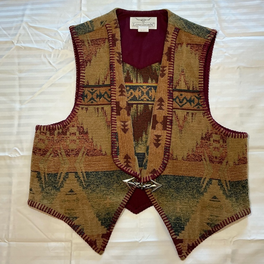 Longhorn Southwestern Patterned Wool Vest in Brown & Burgundy
